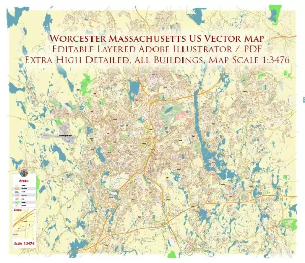 Worcester Massachusetts US Vector Map: High Detailed Street Map editable Adobe Illustrator in layers