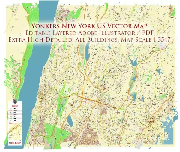 Yonkers New York US Vector Map: High Detailed Street Map editable Adobe Illustrator in layers