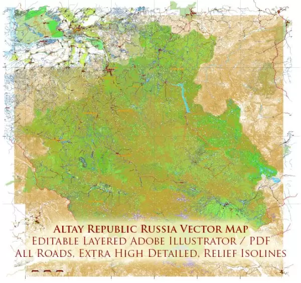 Altay Republic Russia complete relief topo Map Vector Extra High Detailed Road Map + Admin areas editable Adobe Illustrator in layers (ENG)