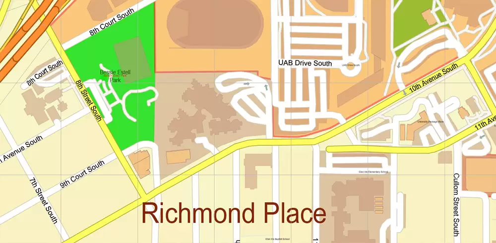 Birmingham University Alabama US Map Vector Extra High Detailed Street Map editable Adobe Illustrator in layers