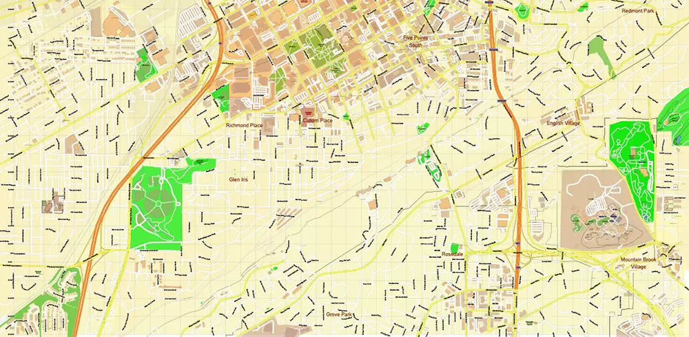 Birmingham University Alabama US Map Vector Extra High Detailed Street Map editable Adobe Illustrator in layers