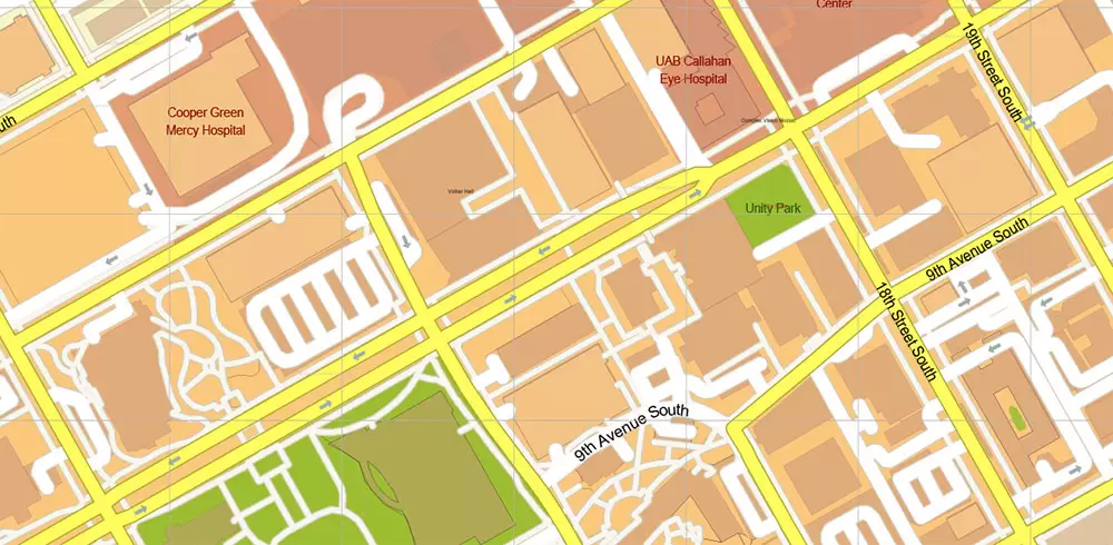 Birmingham University Alabama US Map Vector Extra High Detailed Street Map editable Adobe Illustrator in layers