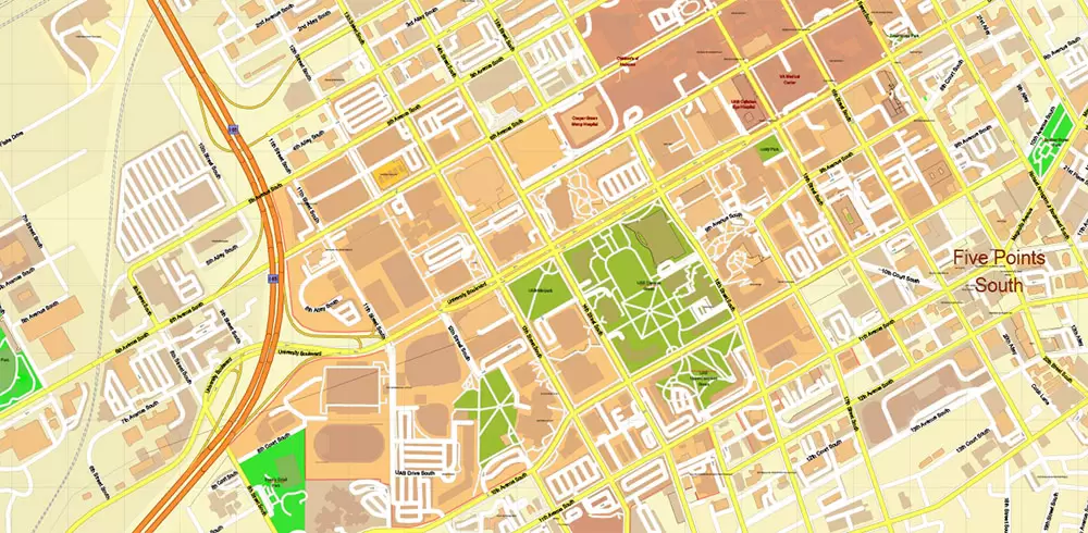 Birmingham University Alabama US Map Vector Extra High Detailed Street Map editable Adobe Illustrator in layers