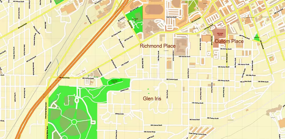 Birmingham University Alabama US Map Vector Extra High Detailed Street Map editable Adobe Illustrator in layers