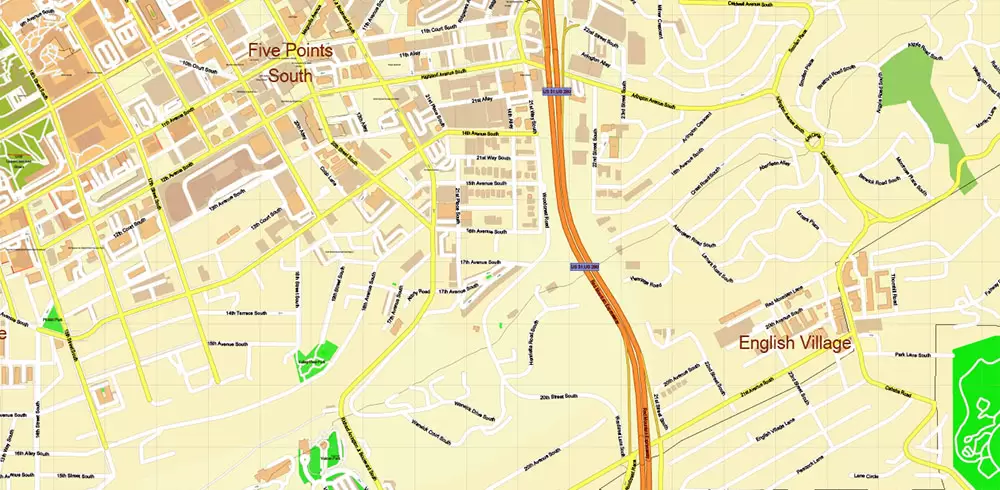 Birmingham University Alabama US Map Vector Extra High Detailed Street Map editable Adobe Illustrator in layers