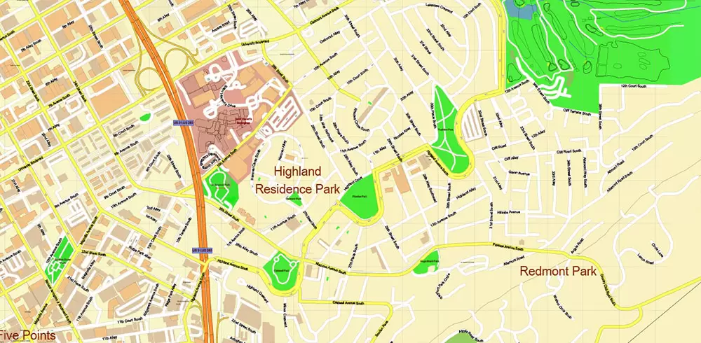 Birmingham University Alabama US Map Vector Extra High Detailed Street Map editable Adobe Illustrator in layers