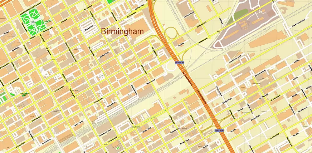 Birmingham University Alabama US Map Vector Extra High Detailed Street Map editable Adobe Illustrator in layers