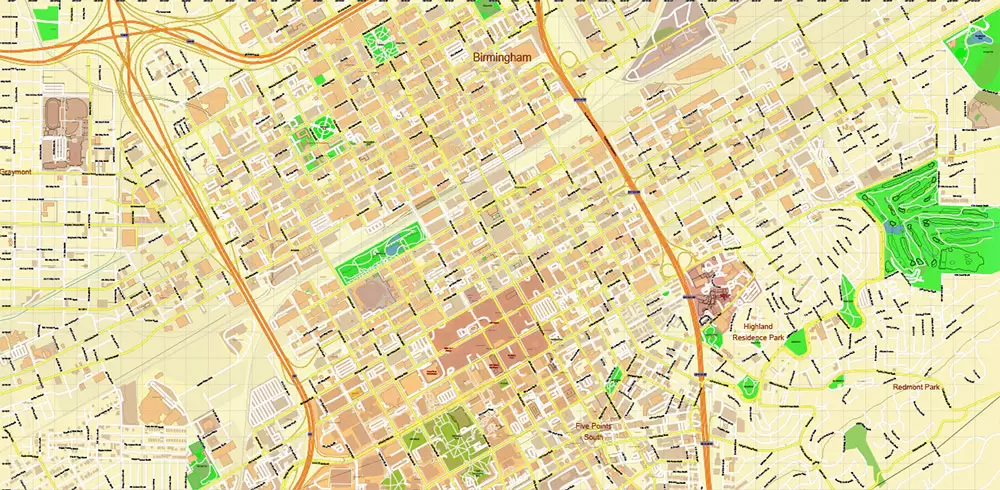 Birmingham University Alabama US Map Vector Extra High Detailed Street Map editable Adobe Illustrator in layers