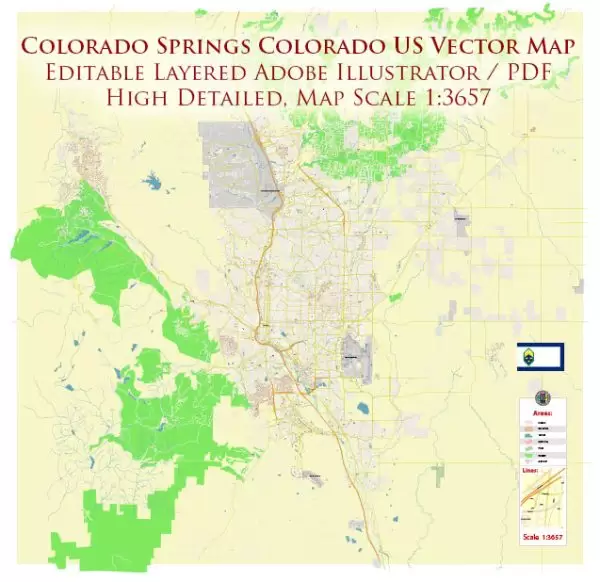 Colorado Springs Colorado US Map Vector Extra High Detailed Street Map editable Adobe Illustrator in layers
