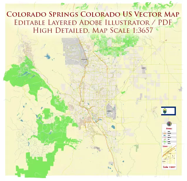 Colorado Springs Colorado US Map Vector Extra High Detailed Street Map editable Adobe Illustrator in layers