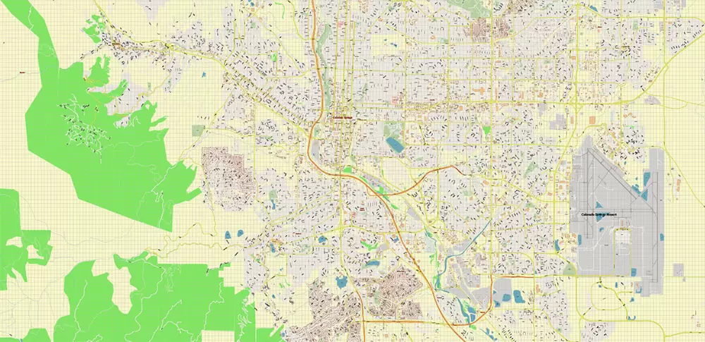 Colorado Springs Colorado US Map Vector Extra High Detailed Street Map editable Adobe Illustrator in layers