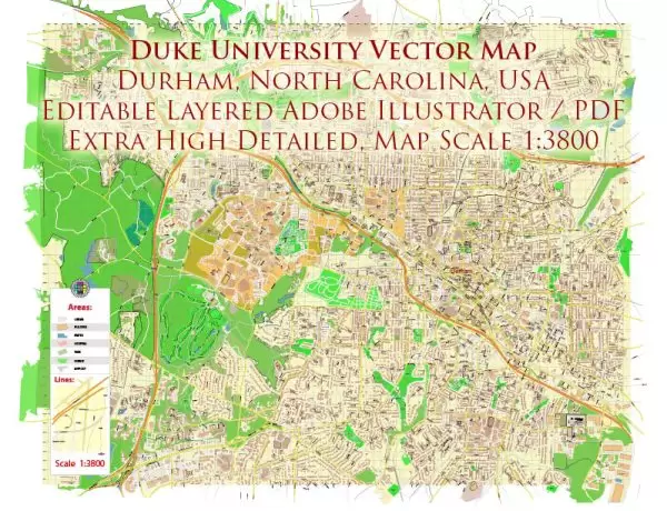 Duke University Durham North Carolina US Map Vector Extra High Detailed Street Map editable Adobe Illustrator in layers