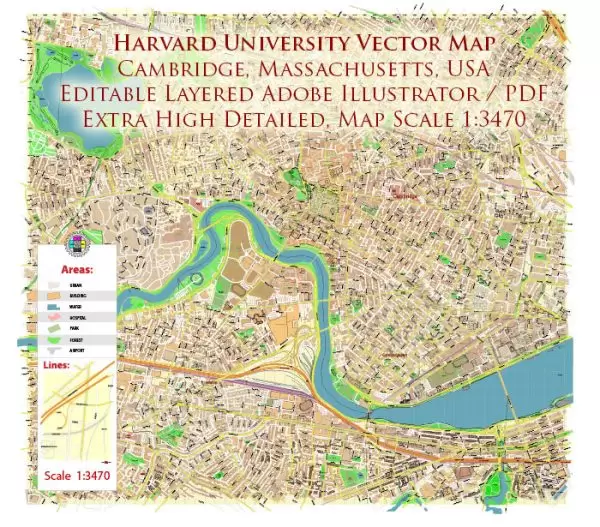 Harvard University Massachusetts US Map Vector Extra High Detailed Street Map editable Adobe Illustrator in layers