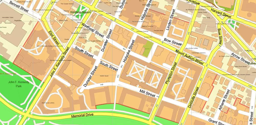 Harvard University Massachusetts US PDF Vector Map: Extra High Detailed Street Map editable Adobe PDF in layers