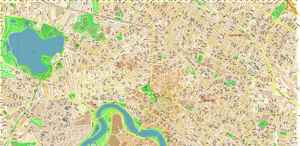 Harvard University Massachusetts US PDF Vector Map: Extra High Detailed Street Map editable Adobe PDF in layers