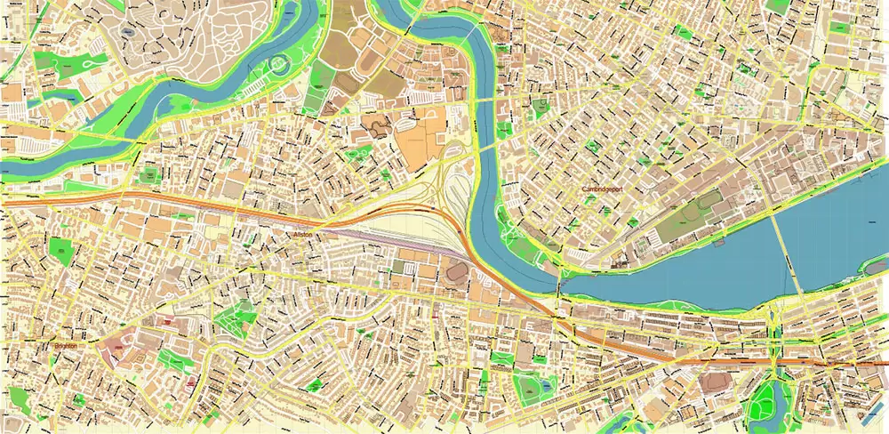 Harvard University Massachusetts US PDF Vector Map: Extra High Detailed Street Map editable Adobe PDF in layers