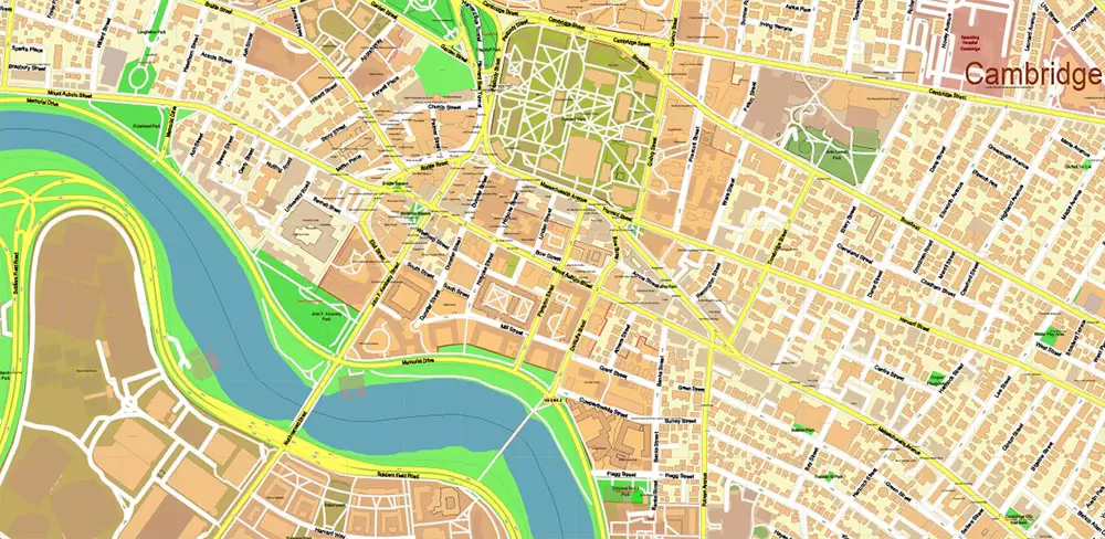 Harvard University Massachusetts US PDF Vector Map: Extra High Detailed Street Map editable Adobe PDF in layers