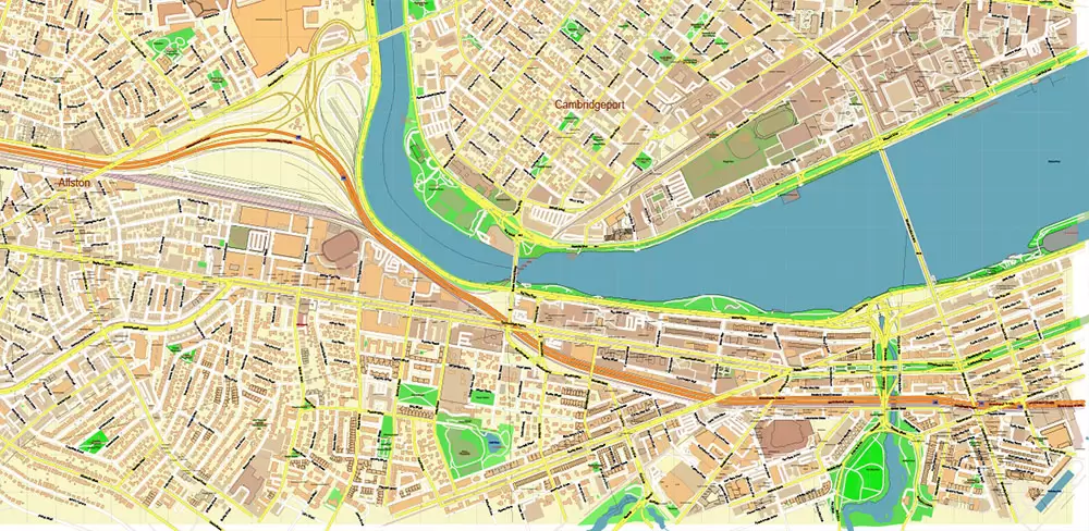 Harvard University Massachusetts US PDF Vector Map: Extra High Detailed Street Map editable Adobe PDF in layers