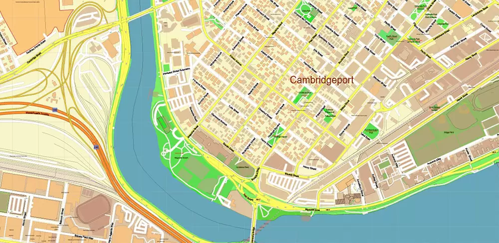 Harvard University Massachusetts US PDF Vector Map: Extra High Detailed Street Map editable Adobe PDF in layers