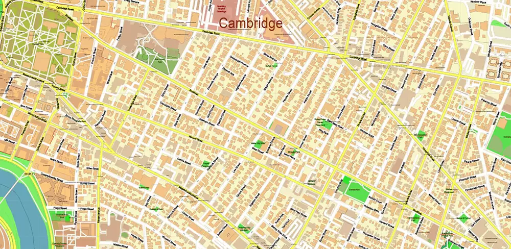 Harvard University Massachusetts US PDF Vector Map: Extra High Detailed Street Map editable Adobe PDF in layers