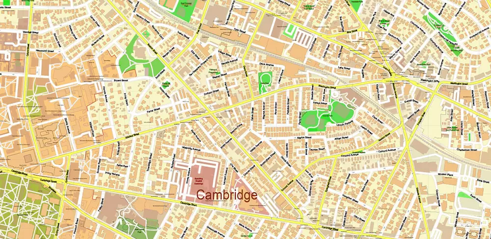 Harvard University Massachusetts US PDF Vector Map: Extra High Detailed Street Map editable Adobe PDF in layers