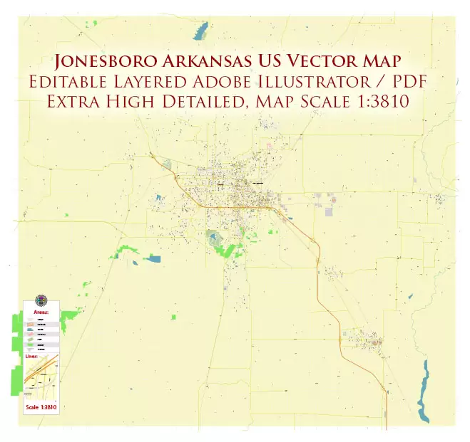 Jonesboro Arkansas US PDF Vector Map: Extra High Detailed Street Map editable Adobe PDF in layers