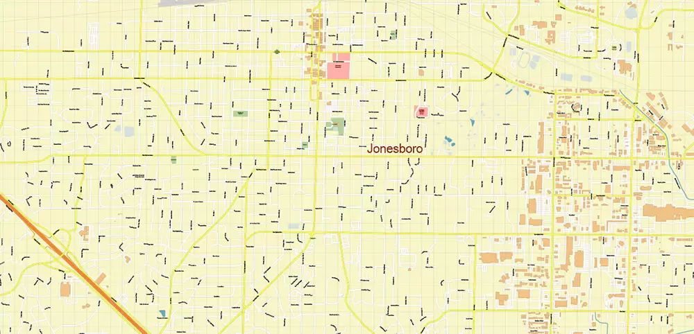 Jonesboro Arkansas US PDF Vector Map: Extra High Detailed Street Map editable Adobe PDF in layers