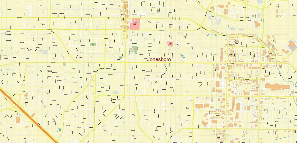 Jonesboro Arkansas US PDF Vector Map: Extra High Detailed Street Map editable Adobe PDF in layers