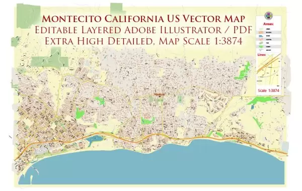 Montecito California US Map Vector Extra High Detailed Street Map editable Adobe Illustrator in layers