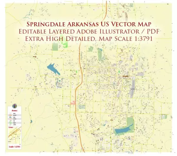 Springdale Arkansas US Map Vector Extra High Detailed Street Map editable Adobe Illustrator in layers