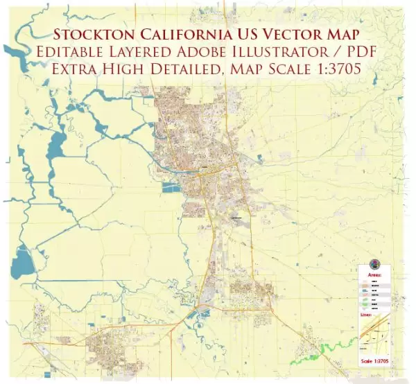 Stockton California US Map Vector Extra High Detailed Street Map editable Adobe Illustrator in layers