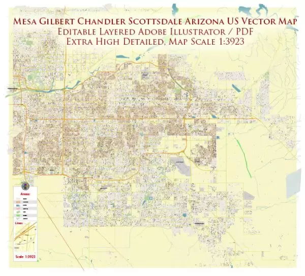 Mesa + Gilbert + Chandler + Scottsdale + Tempe Arizona US Map Vector Extra High Detailed Road Map editable Adobe Illustrator in layers