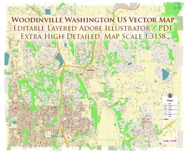 Woodinville Washington US Map Vector Extra High Detailed Street Map editable Adobe Illustrator in layers