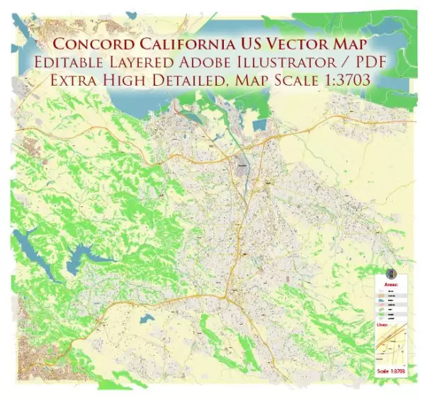 Concord California US Map Vector Extra High Detailed Street Map editable Adobe Illustrator in layers