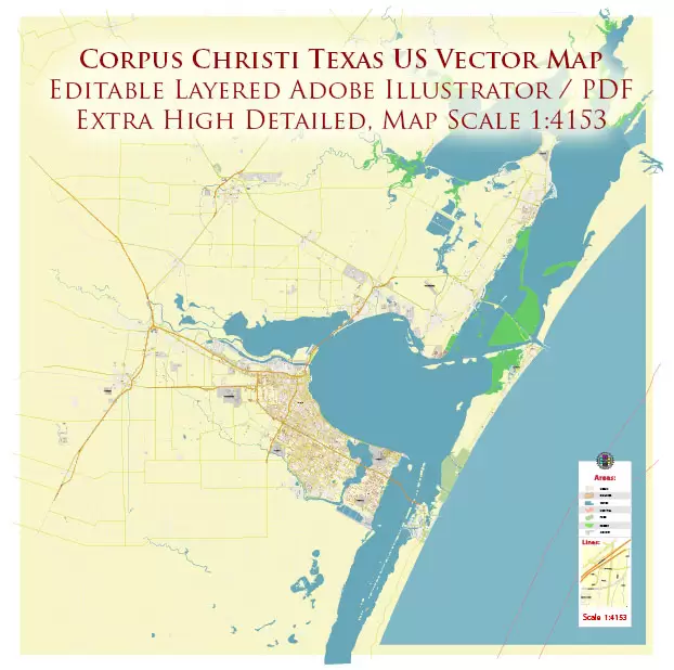 Corpus Christi Texas US Map Vector Extra High Detailed Street Map editable Adobe Illustrator in layers