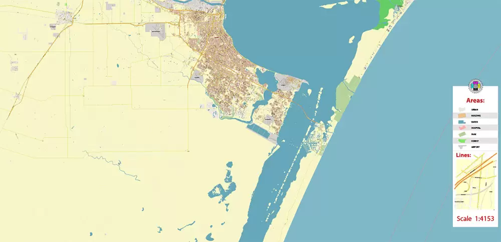 Corpus Christi Texas US Map Vector Extra High Detailed Street Map editable Adobe Illustrator in layers