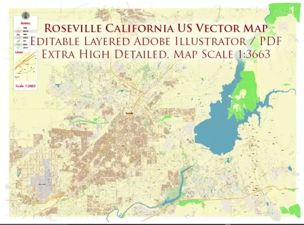 Roseville California US Map Vector Extra High Detailed Street Map editable Adobe Illustrator in layers