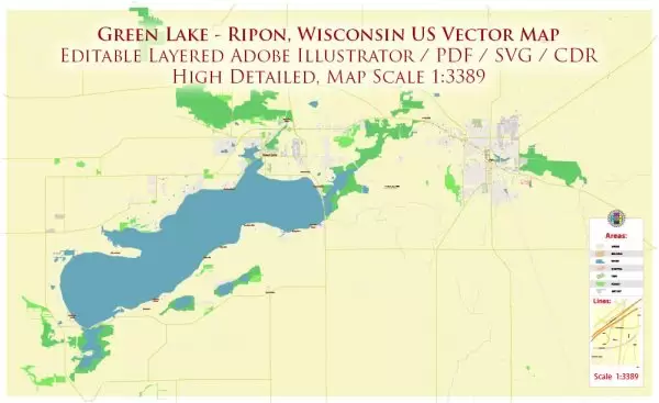 Green Lake - Ripon Wisconsin US Map Vector Extra High Detailed Street Map editable Adobe Illustrator + PDF + CDR + SVG