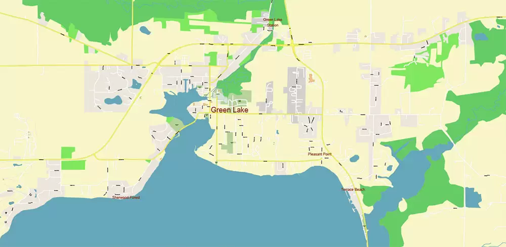 Green Lake - Ripon Wisconsin US Map Vector Extra High Detailed Street Map editable Adobe Illustrator + PDF + CDR + SVG