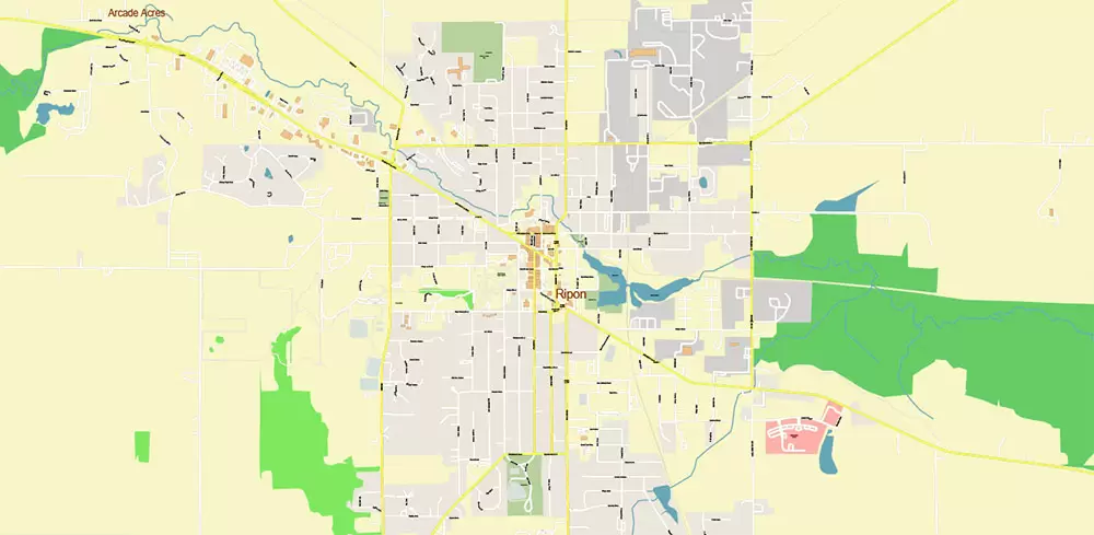Green Lake - Ripon Wisconsin US Map Vector Extra High Detailed Street Map editable Adobe Illustrator + PDF + CDR + SVG