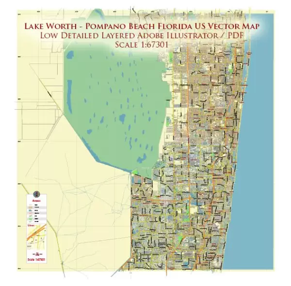 Lake Worth - Pompano Beach Florida US Map Vector Low Detailed Street Map (for small print size), editable Adobe Illustrator in layers