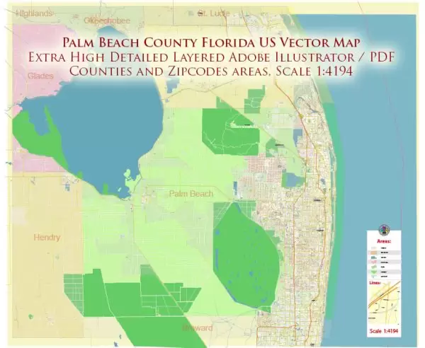 Palm Beach County Florida US Map Vector Extra High Detailed Street Map + zipcodes + counties areas, editable Adobe Illustrator in layers