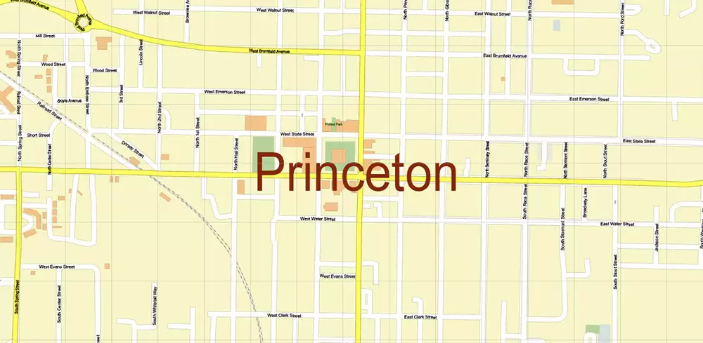 Princeton Indiana US Map Vector Extra High Detailed Street Map editable Adobe Illustrator in layers