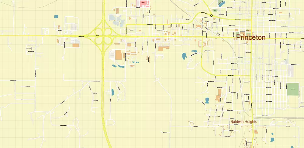 Princeton Indiana US Map Vector Extra High Detailed Street Map editable Adobe Illustrator in layers