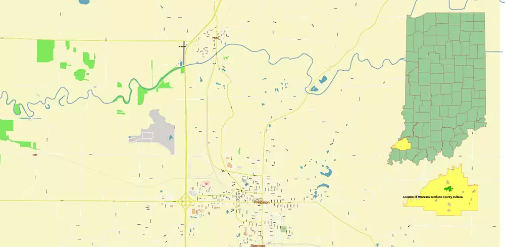 Princeton Indiana US Map Vector Extra High Detailed Street Map editable Adobe Illustrator in layers