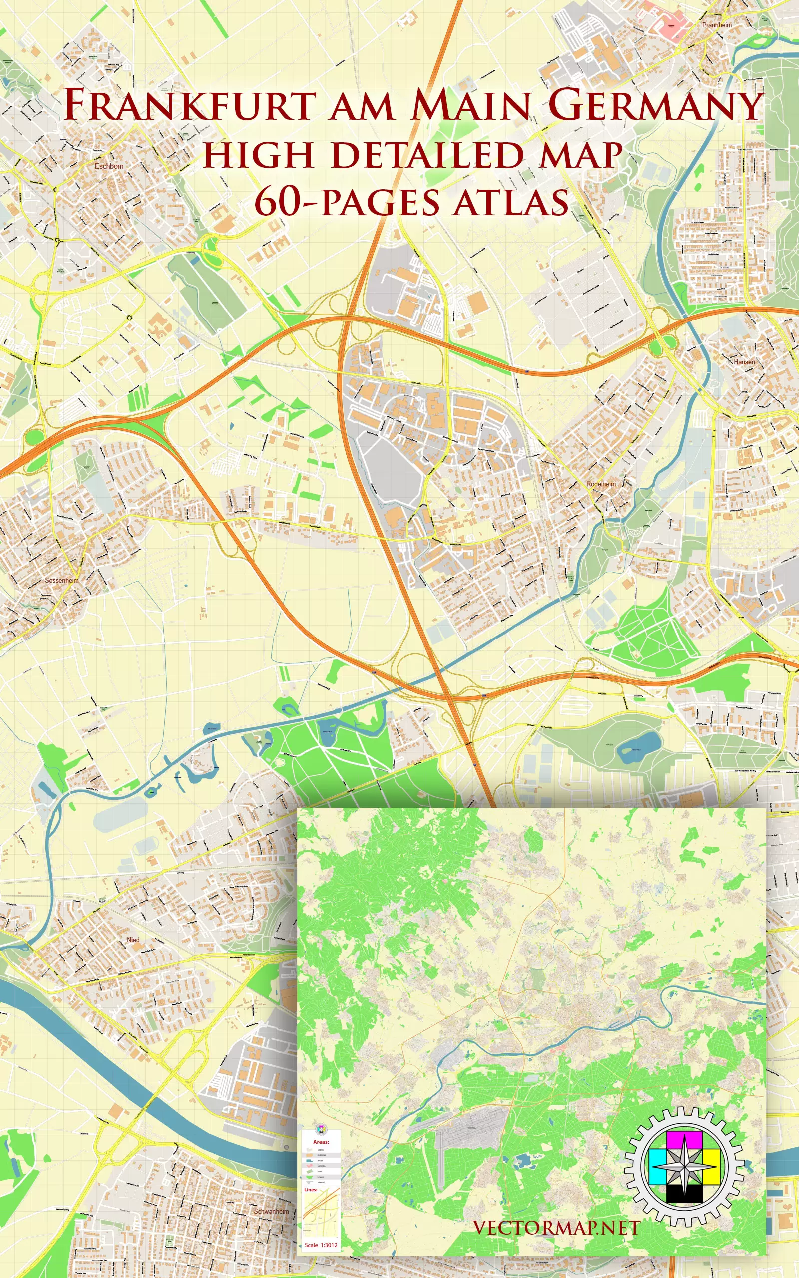 Frankfurt am Main Germany Tourist Map multi-page atlas, contains 60 pages vector PDF