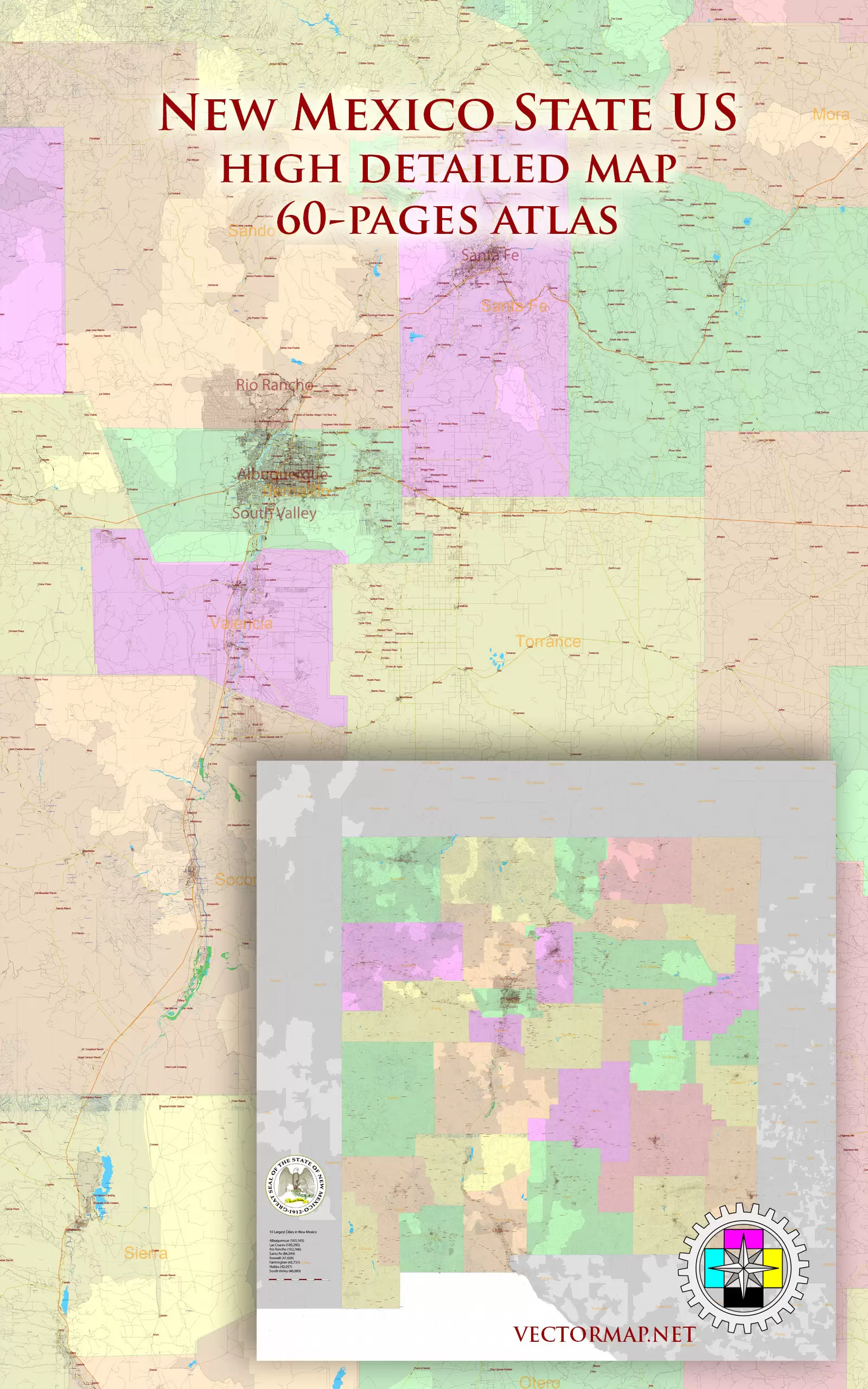 New Mexico State US Tourist Road Map multi-page atlas, contains 60 pages vector PDF