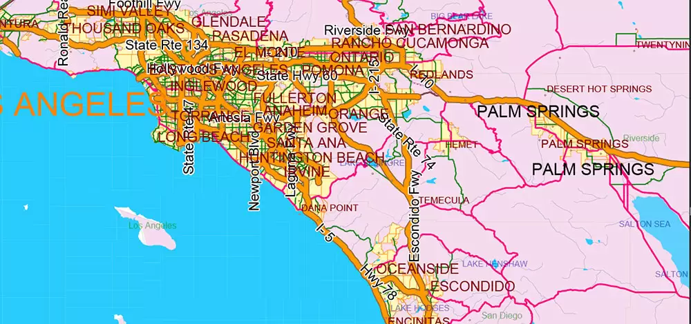 United States and Canada Vector Map main Roads Cities States Counties editable layered Adobe Illustrator