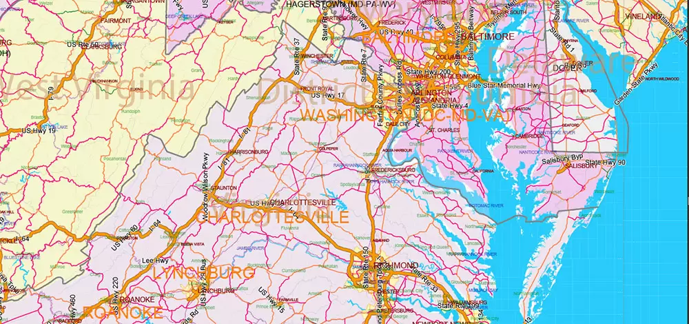 United States and Canada Vector Map main Roads Cities States Counties editable layered Adobe Illustrator