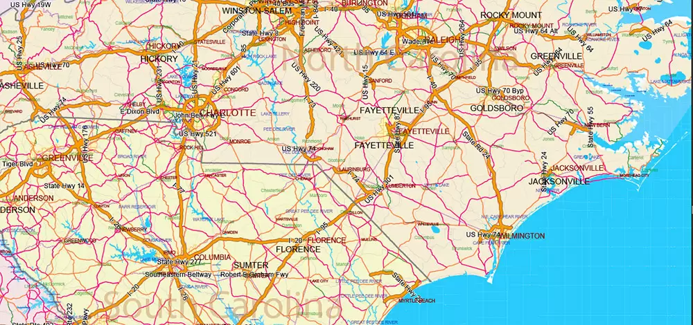 United States and Canada Vector Map main Roads Cities States Counties editable layered Adobe Illustrator